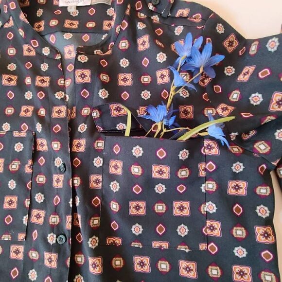 Calvin Klein Womens Tunic Blouse Button Front Long Sleeve Geometric Print Medium - Picture 8 of 12